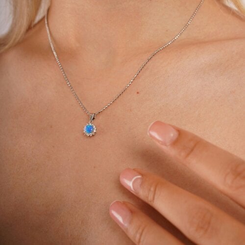 Spero London Blue Opal Halo Sun Sterling Silver Pendant Necklace