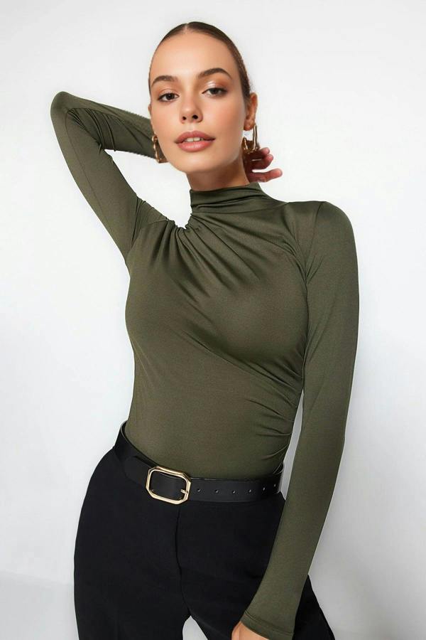 WOVCOR Stand Collar Knit Bodysuit with Gathered Detail