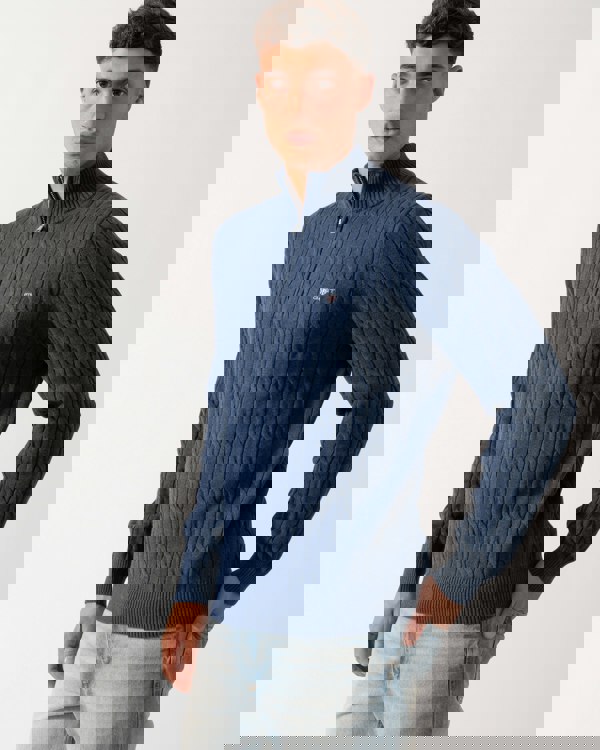 GANT Mens Cotton Cable Half Zip Jumper - 902 Dark Jeansblue Melange