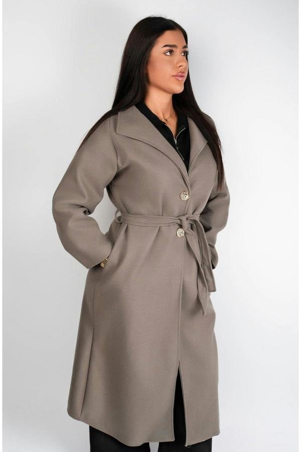 Marelle Belted Longline Coat With Button Detail - Mocha