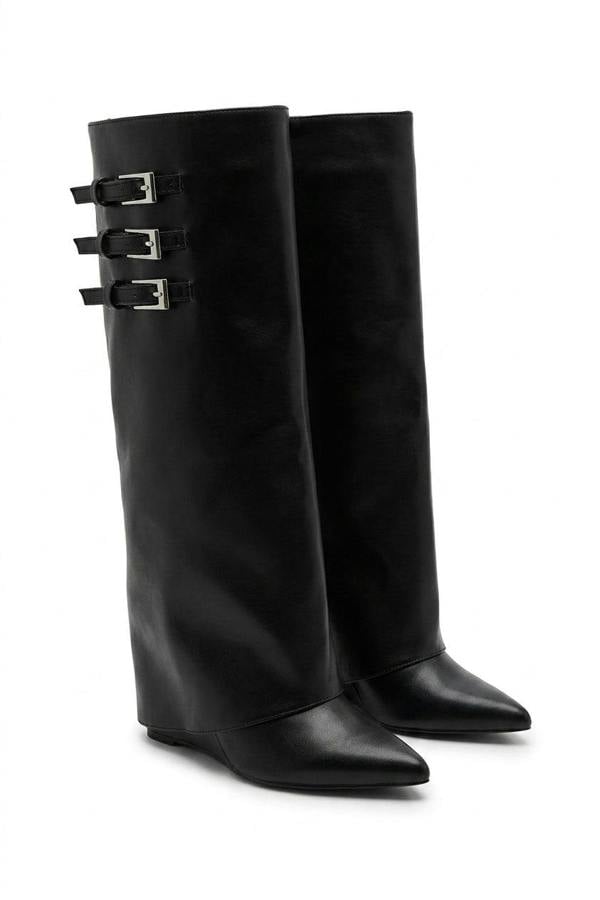 Taylah Pointed Toe Fold-over Knee High Boots - Black_wb