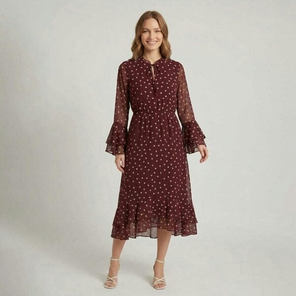 Izabel London Polka Dot Frilled Semi Sheer Midi Dress