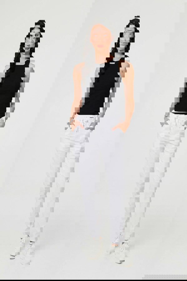 White | Drawstring Tie Waist Tapered Trousers
