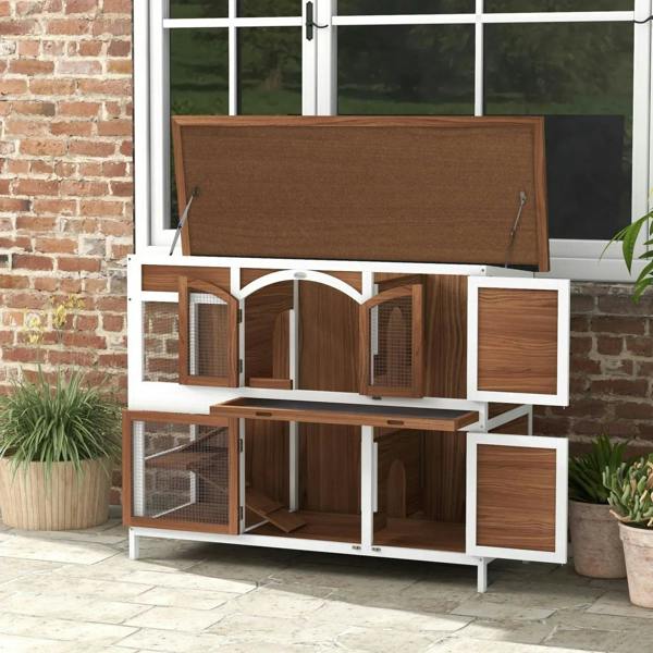 Two-tier wooden pet hutch with open roof, central arched entrance, and mesh panels