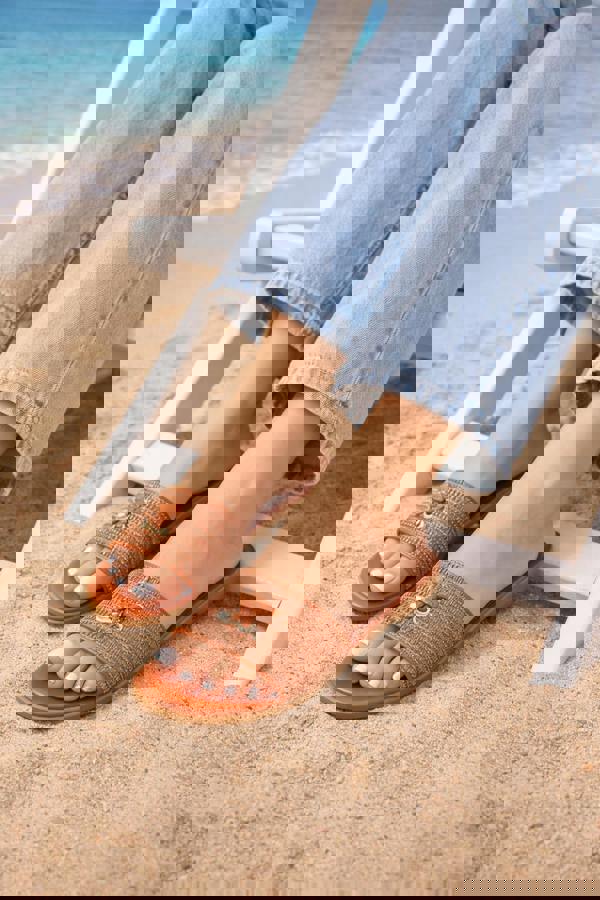 Trendy Trotters Women’s Tan Slider Sandals with Toggle Detail - Flat Summer Slip-On-Shoes