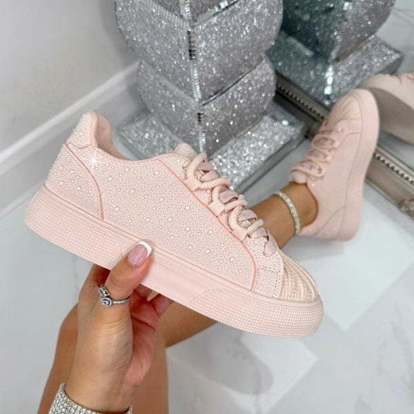 Crystal Embellished Aura Lace-Up Trainers Pink, focused on lightweight design ideal for everyday wear