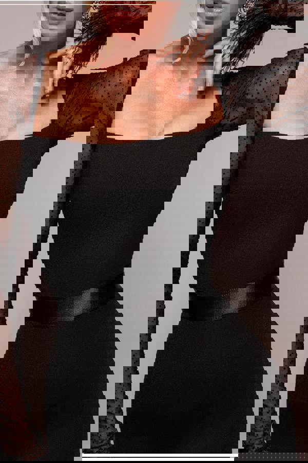 Dobby Mesh Feather Sleeve Bodycon Midi Dress - Black DR4639