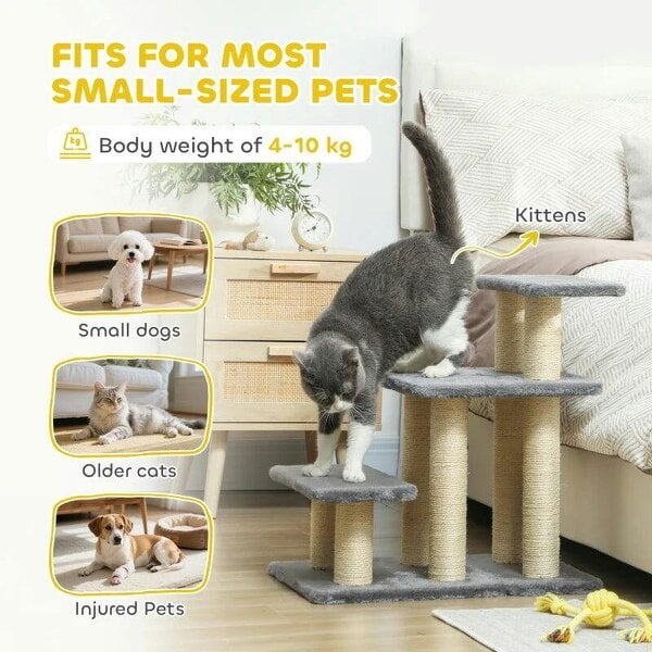 Pet Steps for Bed, 3 Step Adjustable Pet Stairs for Sofa with 6 Sisal Scratching Posts for Small Dogs & Cats, Grey