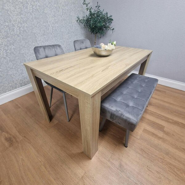 Kosy Koala Dining Table Set Oak Effect Table With 2 Grey Velvet Dining Chairs And 1 Grey Bench