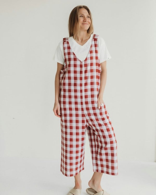 Grace Red Check Print Reversible Wide Leg Jumpsuit- image 2