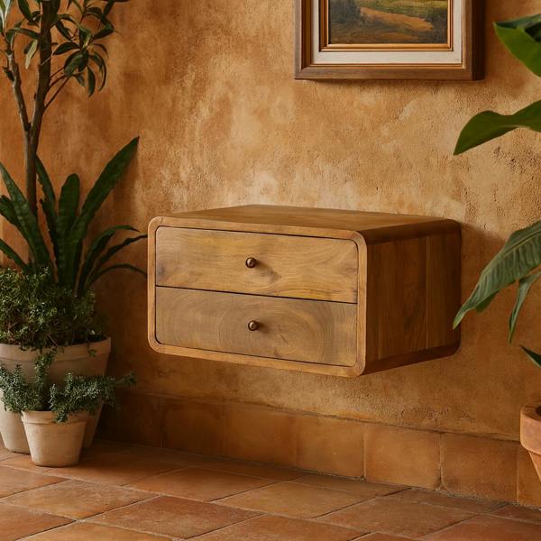Wyld Haus Gradara Natural Oak Mango Wood 2 Drawer Floating Bedside Table