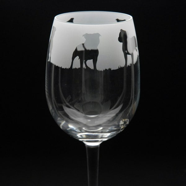 Glyptic Glass Art Staffy Dog Crystal Wine Glass - Hand Etched/Engraved Gift