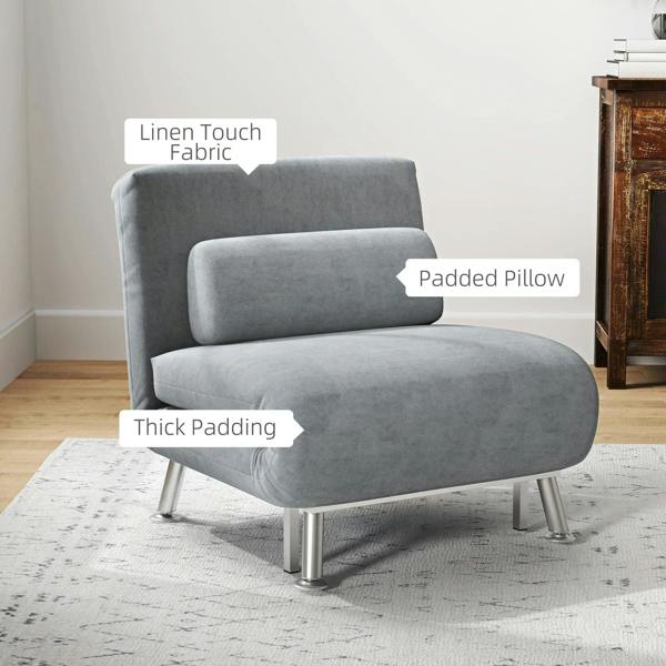 Grey single sleeper chair with thick padding, cushioned backrest, and side pillow