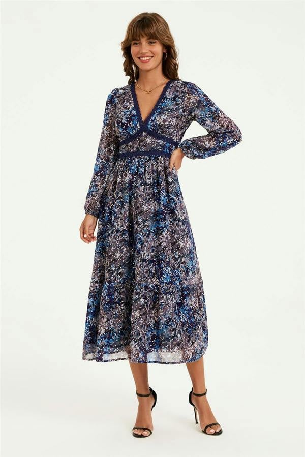 FS Collection Gold Foil Abstract Print Long Sleeve Midi Dress In Navy