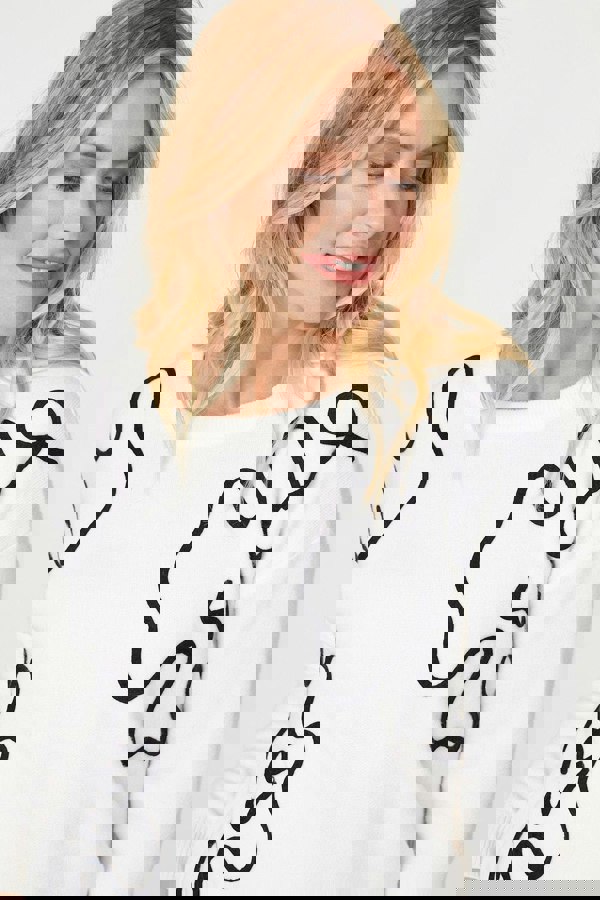 White | Abstract Print Scoop Neck Pullover
