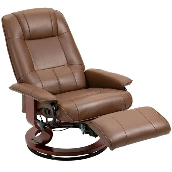Brown faux leather reclining armchair with extending footrest and padded armrests