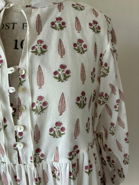 Bella Cream and Pink Wood block printed cotton voile dress