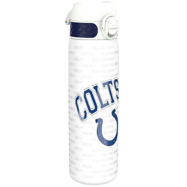 A white water bottle, featuring a Colts logo and repeated text, stands against a white background.