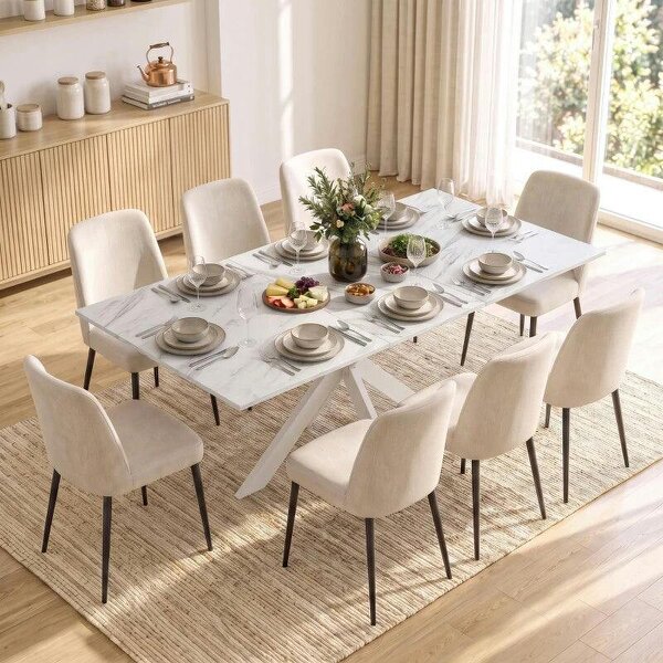 Extendable Dining Table Steel Cross Legs Steel Rails Space Saving White