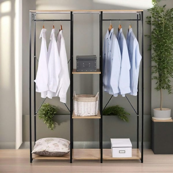 Rafaelo Mobilia Industrial Metal Open Wardrobe With Wooden Shelves