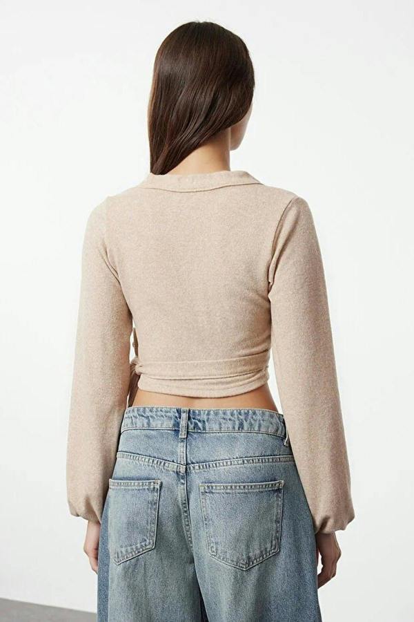 WOVCOR Soft Tie Detail Long Sleeve Knitted Blouse