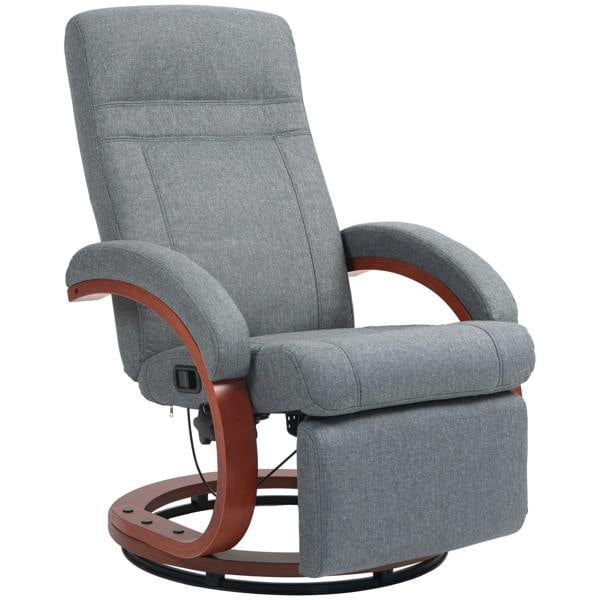 Grey manual reclining swivel chair with footrest, cushioned arms, and curved wooden base