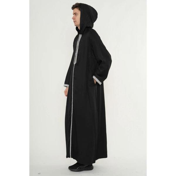 Men's Hooded Gandoura Embroidery Moroccan Thobe - Black - Thobez - 6