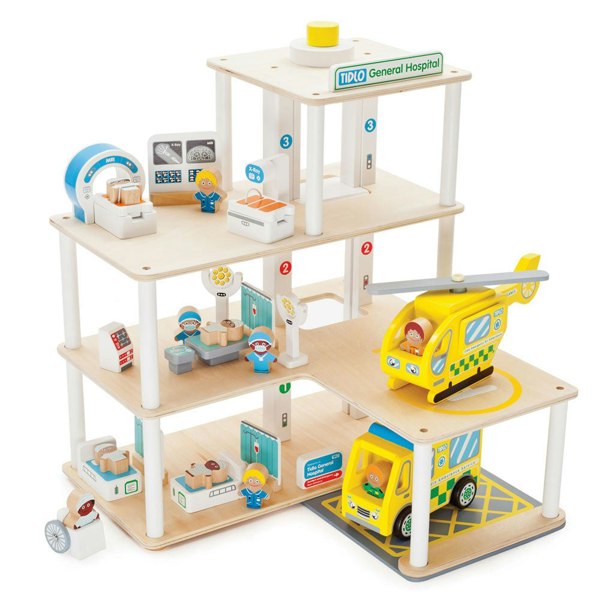 Tidlo Wooden Hospital Playset With Three Floors And 30 Play Pieces