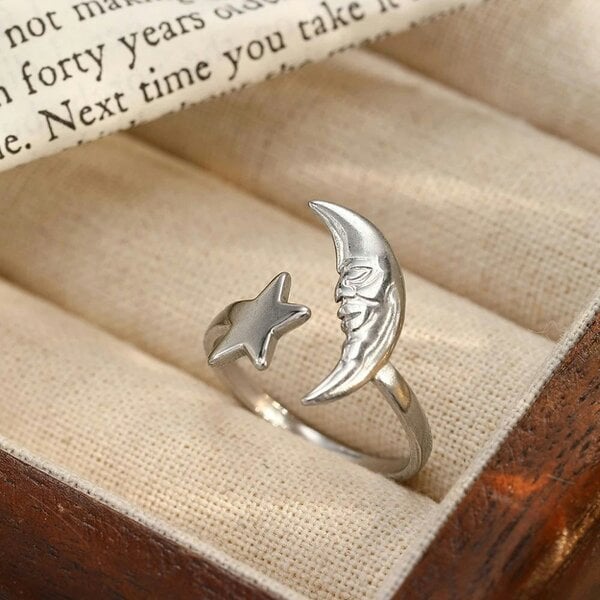 The Colourful Aura Boho Celestial Moon and Star Ring Adjustable Gold/Silver - Silver - Silver