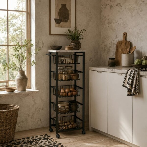 Wyld Haus Sucora Metal Grey And Black 5 Basket Mobile Kitchen Trolley With Locking Wheels