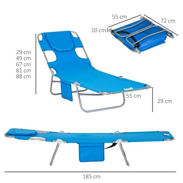 Foldable sun lounger in blue with reading hole and side pocket, size diagram