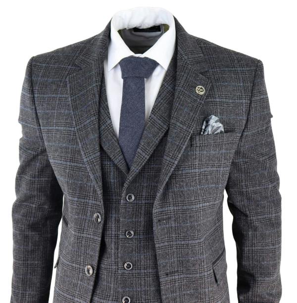 TruClothing Mens Grey Check 3 Piece Tweed Suit Peaky Blinders 1920s Gatsby Tailored Fit