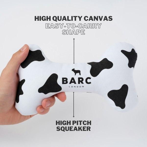 Dog Toy Bone With Cow Print Design and High Pitch Squeaker When Chewed