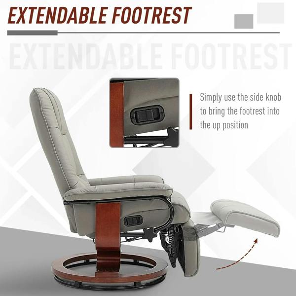 Grey recliner chair with adjustable footrest lifted, showing side mechanism near arm.