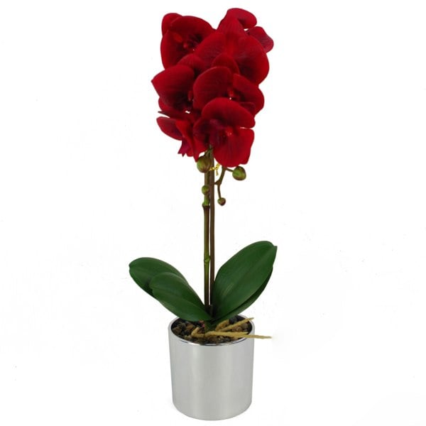 Leaf 46cm Artificial Orchid Red with Silver Pot