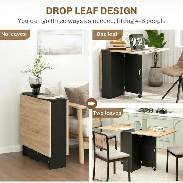 Folding dining table with drop leaf top, black base, and two-tier shelf for small spaces