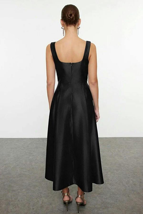 Square Neck Thick Strap A-Line Satin Maxi Dress