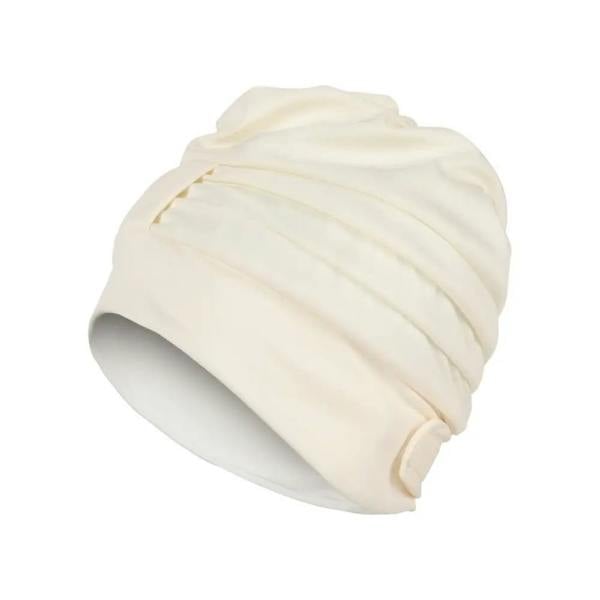 Cream-colored organic cotton draped fabric swim cap with ribbed texture