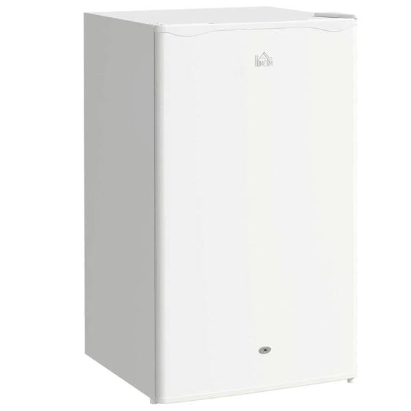 White freestanding under-counter fridge with lock, smooth front door