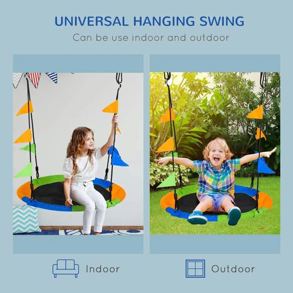 Universal hanging saucer swing seat with multicolor fabric flags and black suspension ropes