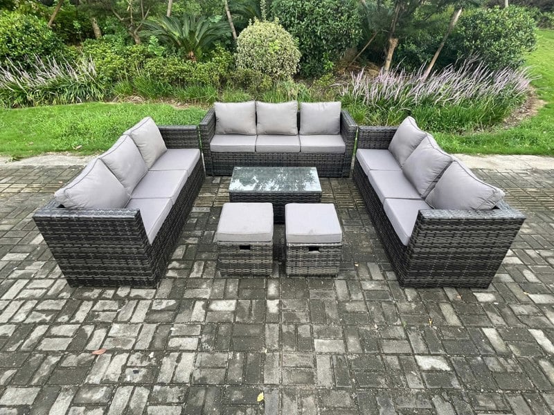 Fimous Outdoor Lounge Sofa Set Wicker PE Rattan Garden Furniture Set with Oblong Coffee Table 2 Small Footstools Dark Grey Mixed