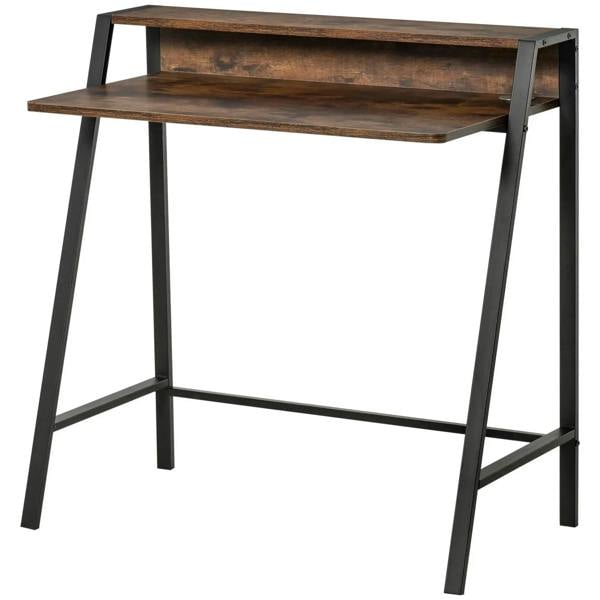 Rustic brown two-tier writing desk with open shelf and black steel legs