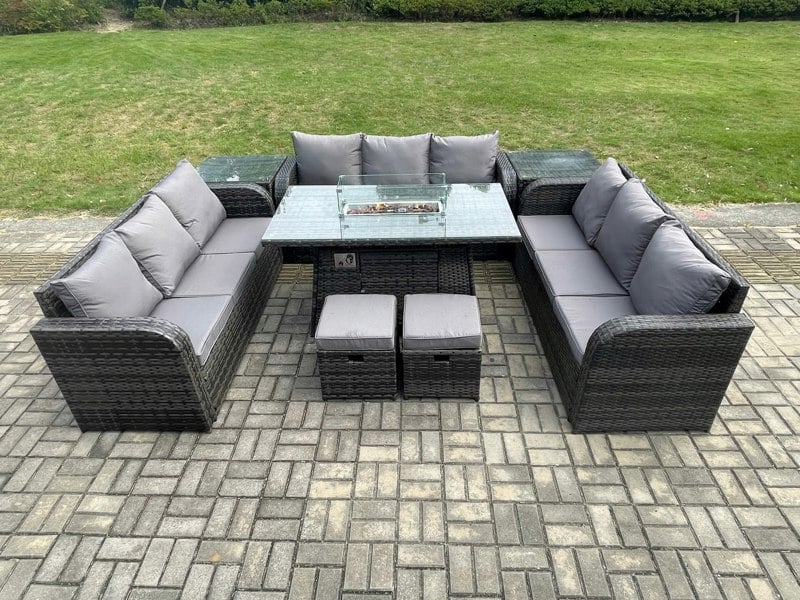 Fimous Rattan Outdoor Garden Furniture Set with Gas Fire Pit Table, 2 Side Tables, 3 Sofas, 2 Footstools - 11 Seater - Dark Grey