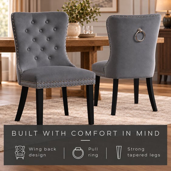 Neo Direct Neo Set of Six Dark Grey Studded Velvet Dining Table Chair with Ring Knocker Detail