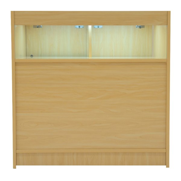 Maple Iris LED shop counter set featuring a sleek design, two illuminated display sections, and a smooth wood finish