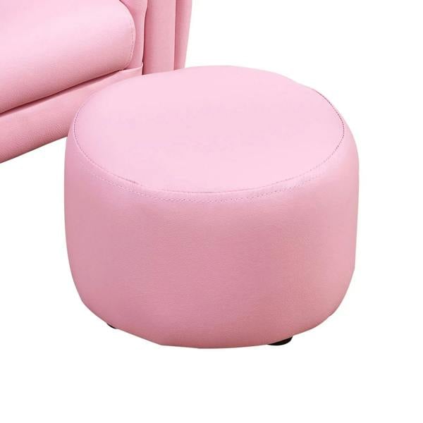 Pink round footstool with padded top and fabric upholstery.