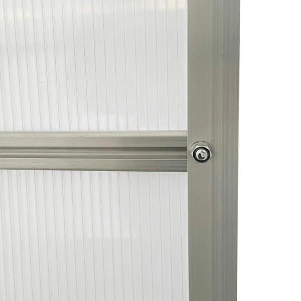 Silver polycarbonate greenhouse corner joint with round fastener on frame
