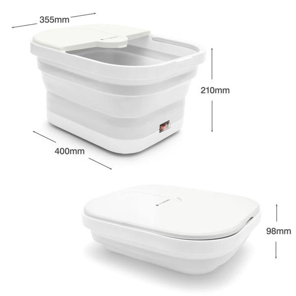 Detailed dimensions of the Foldaway Foot Spa Bath in both expanded and collapsed forms. This compact footbath measures 365mm x 325mm x 220mm when expanded, offering a space-saving design perfect for those seeking the best foot spa that is both powerful and easy to store.