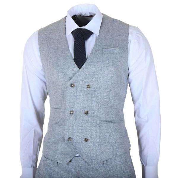 Infinity Leather Men's Light Blue Plaid Check 3 Piece Slim Fit Formal Wedding Suit