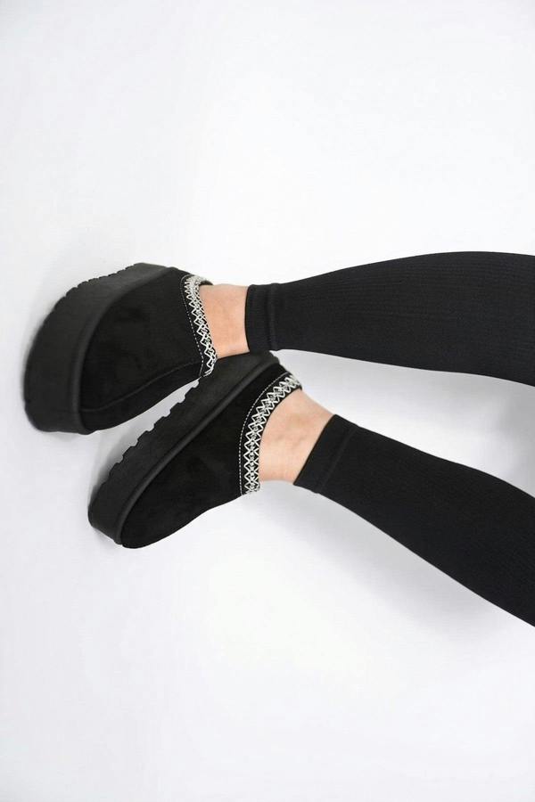 Jolene Aztec Detail Low Ankle Platform Slipper Boots - Black_wb